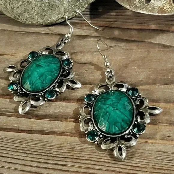 Vintage 90s Lacy Fancy Green Antique Silver Acrylic Crystal Dangle Earrings FLAW - Picture 2 of 7